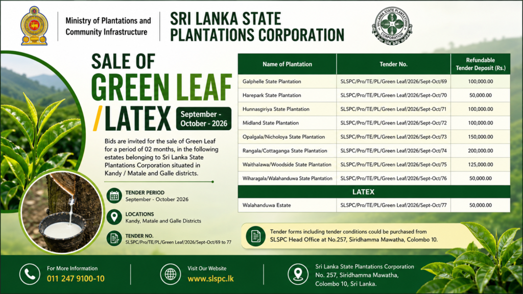 Sri Lanka State Plantations Corporation Green Leaf & Latex Tender 2026 | September–October